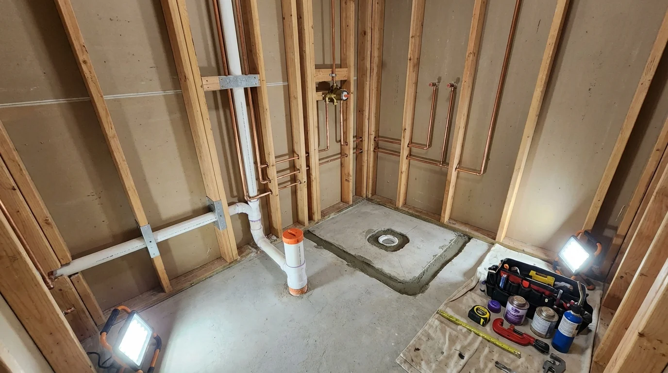 Bathroom rough-in plumbing during remodel by Johns Plumbing LLC in Charles Town