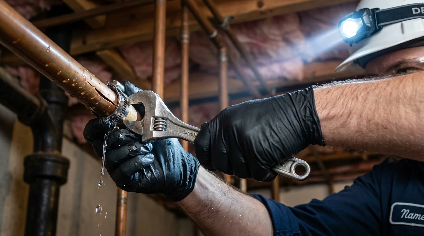 Emergency pipe clamp repair being performed by a Johns Plumbing LLC plumber in Charles Town