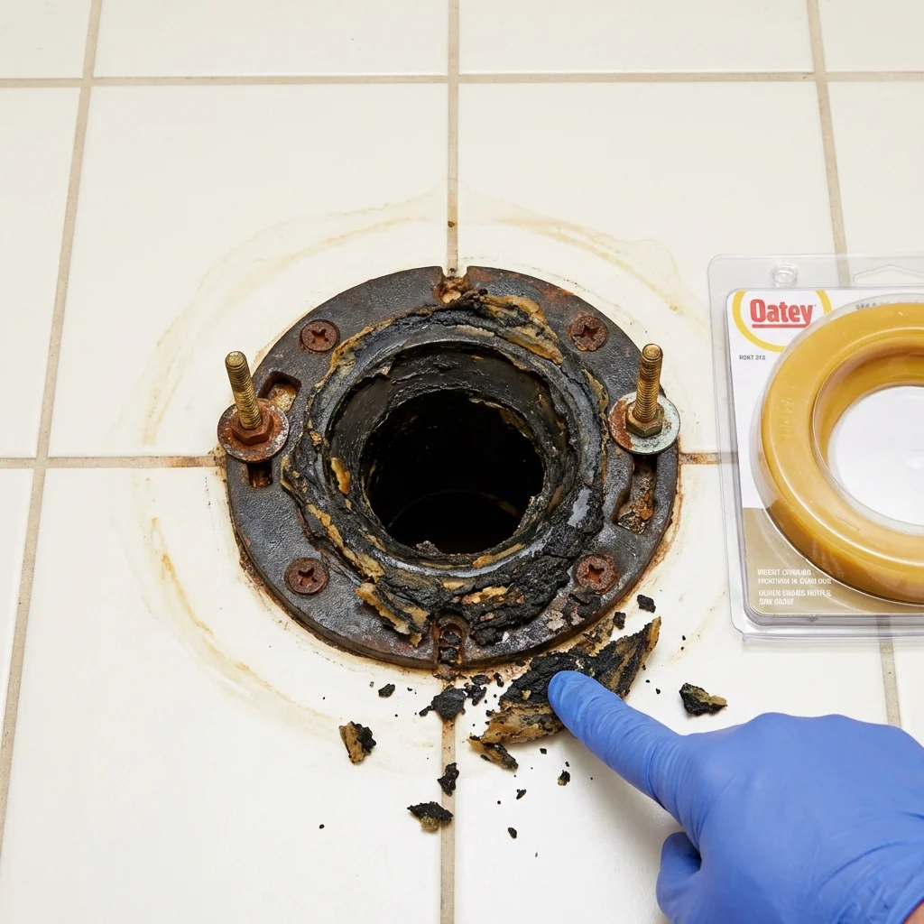 Failed wax ring showing water seepage at the base of a toilet in a Charles Town, WV home