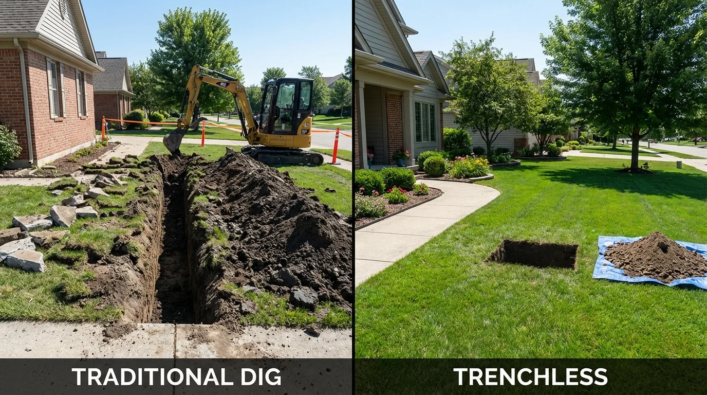 Trenchless sewer repair with minimal yard damage versus traditional excavation in Charles Town, WV