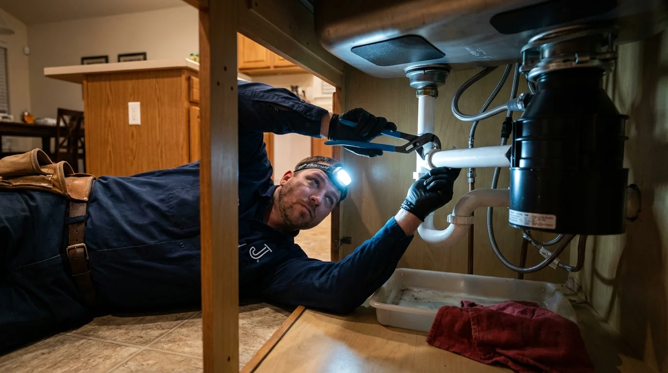 P-trap and supply line connections under a kitchen sink showing a common leak point in Charles Town, WV